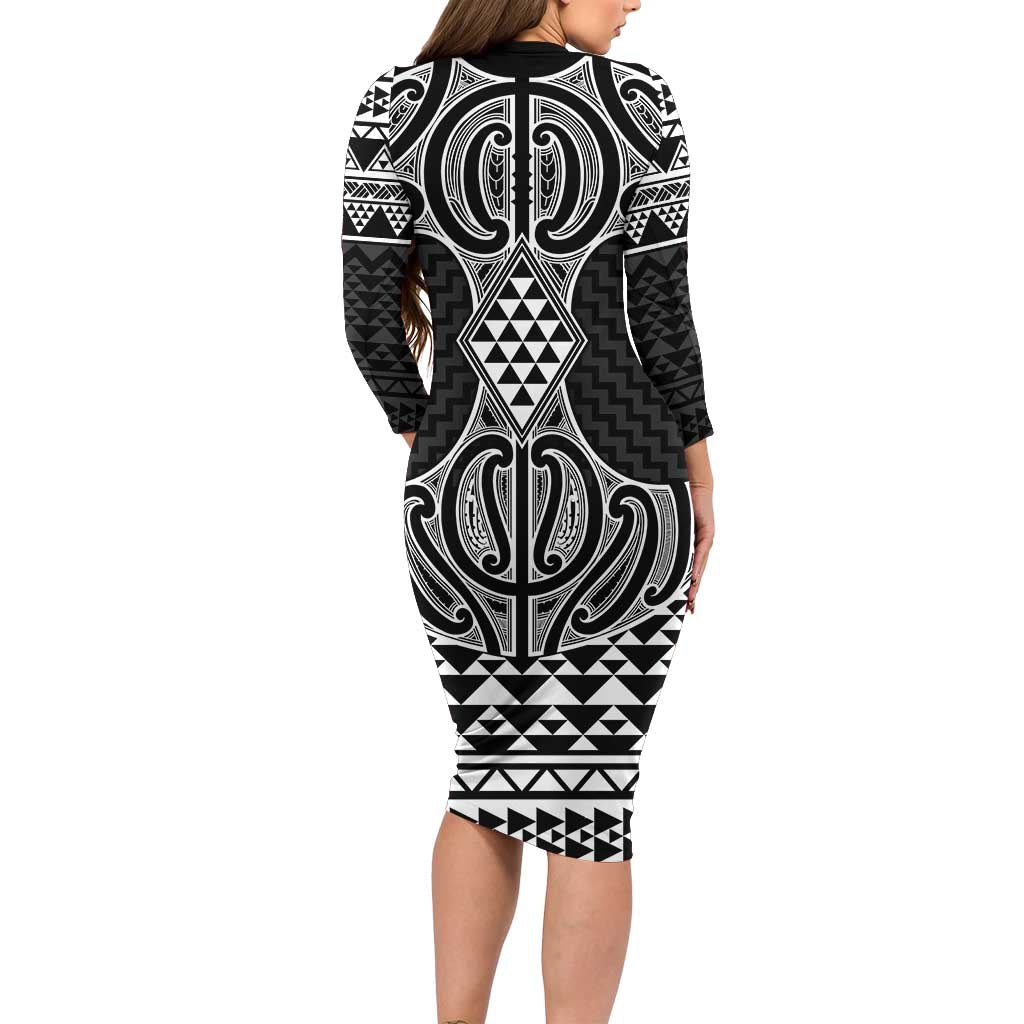 Ma Maori Ta Moko Poutama Art Long Sleeve Bodycon Dress LT9 - Polynesian Pride