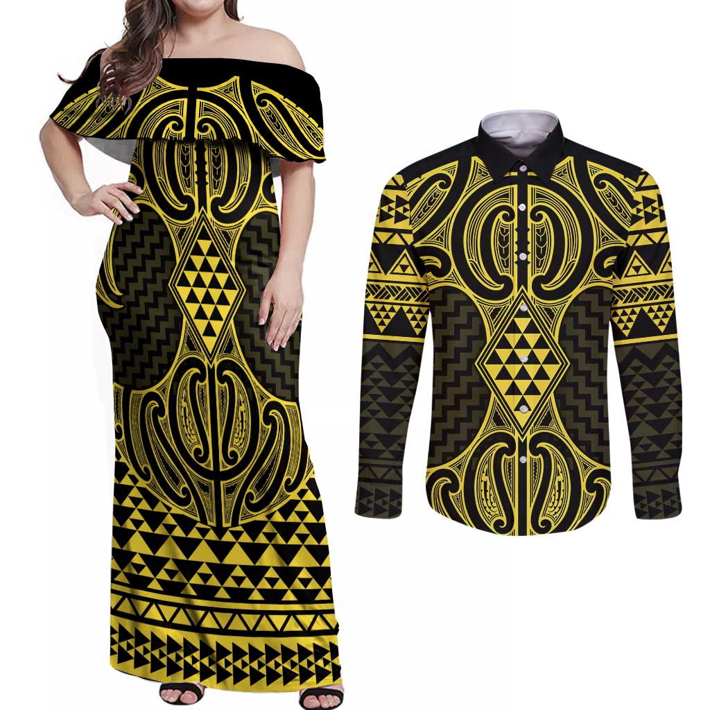 Mahi-dawg Maori Ta Moko Poutama Art Couples Matching Off Shoulder Maxi Dress and Long Sleeve Button Shirt LT9 Yellow - Polynesian Pride