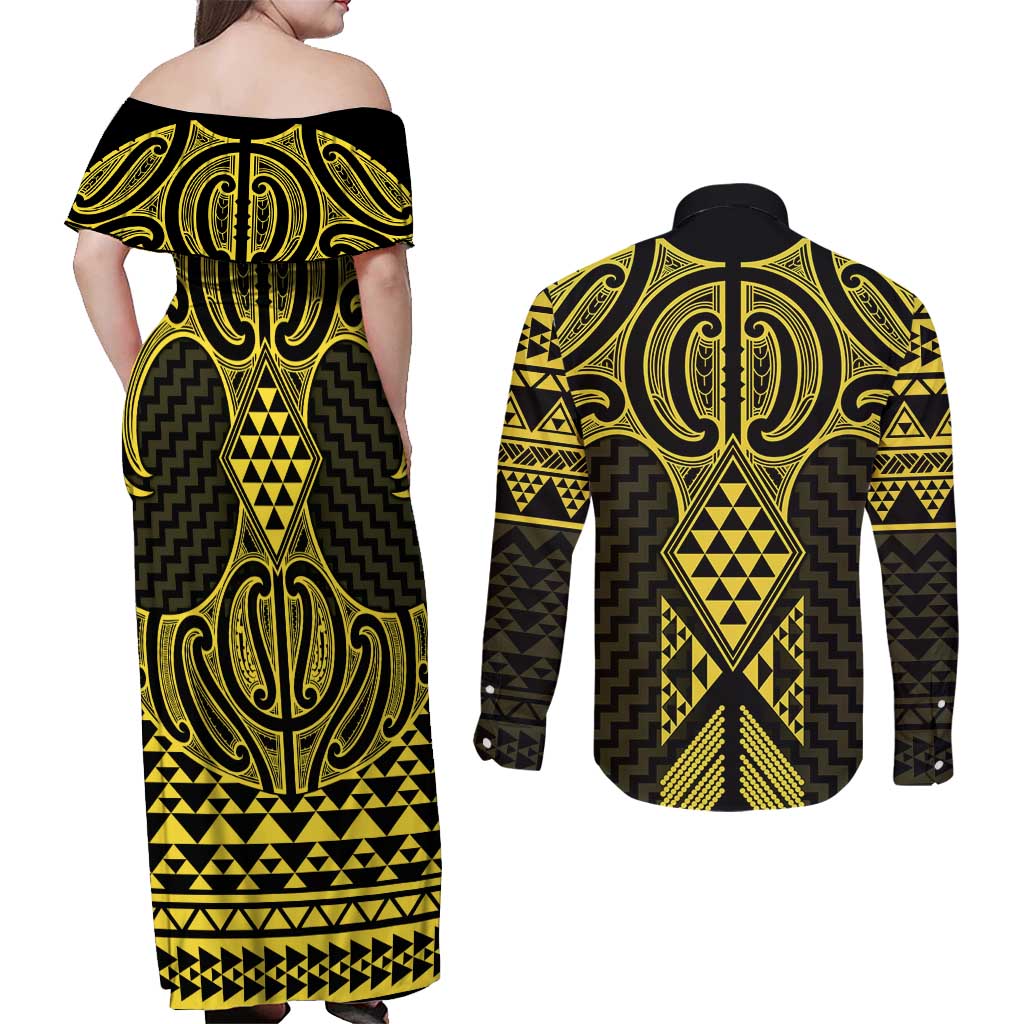 Mahi-dawg Maori Ta Moko Poutama Art Couples Matching Off Shoulder Maxi Dress and Long Sleeve Button Shirt LT9 - Polynesian Pride