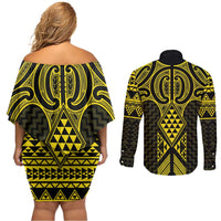 Mahi-dawg Maori Ta Moko Poutama Art Couples Matching Off Shoulder Short Dress and Long Sleeve Button Shirt