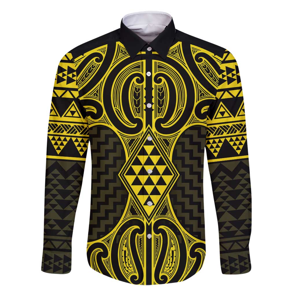 Mahi-dawg Maori Ta Moko Poutama Art Family Matching Long Sleeve Bodycon Dress and Hawaiian Shirt LT9 Dad's Shirt - Long Sleeve Yellow - Polynesian Pride