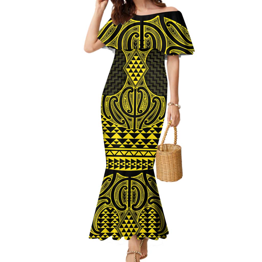 Mahi-dawg Maori Ta Moko Poutama Art Family Matching Mermaid Dress and Hawaiian Shirt LT9 Mom's Dress Yellow - Polynesian Pride