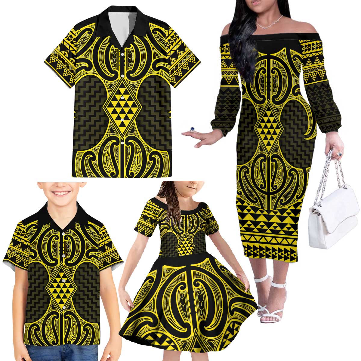 Mahi-dawg Maori Ta Moko Poutama Art Family Matching Off The Shoulder Long Sleeve Dress and Hawaiian Shirt LT9 - Polynesian Pride