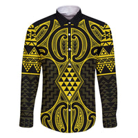 Mahi-dawg Maori Ta Moko Poutama Art Family Matching Off The Shoulder Long Sleeve Dress and Hawaiian Shirt LT9 Dad's Shirt - Long Sleeve Yellow - Polynesian Pride