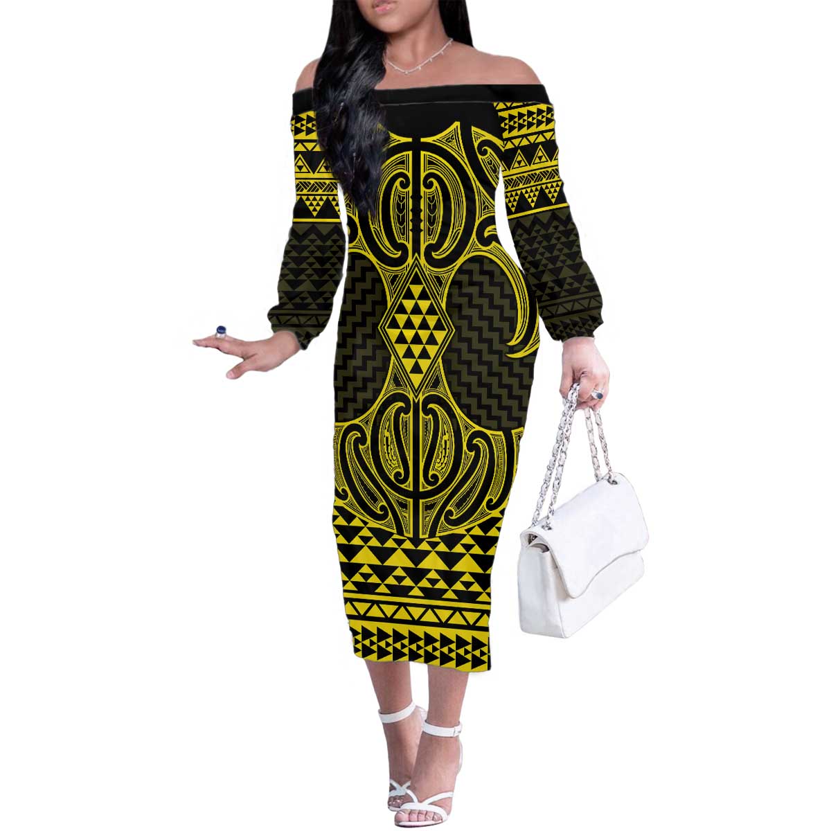 Mahi-dawg Maori Ta Moko Poutama Art Family Matching Off The Shoulder Long Sleeve Dress and Hawaiian Shirt LT9 Mom's Dress Yellow - Polynesian Pride
