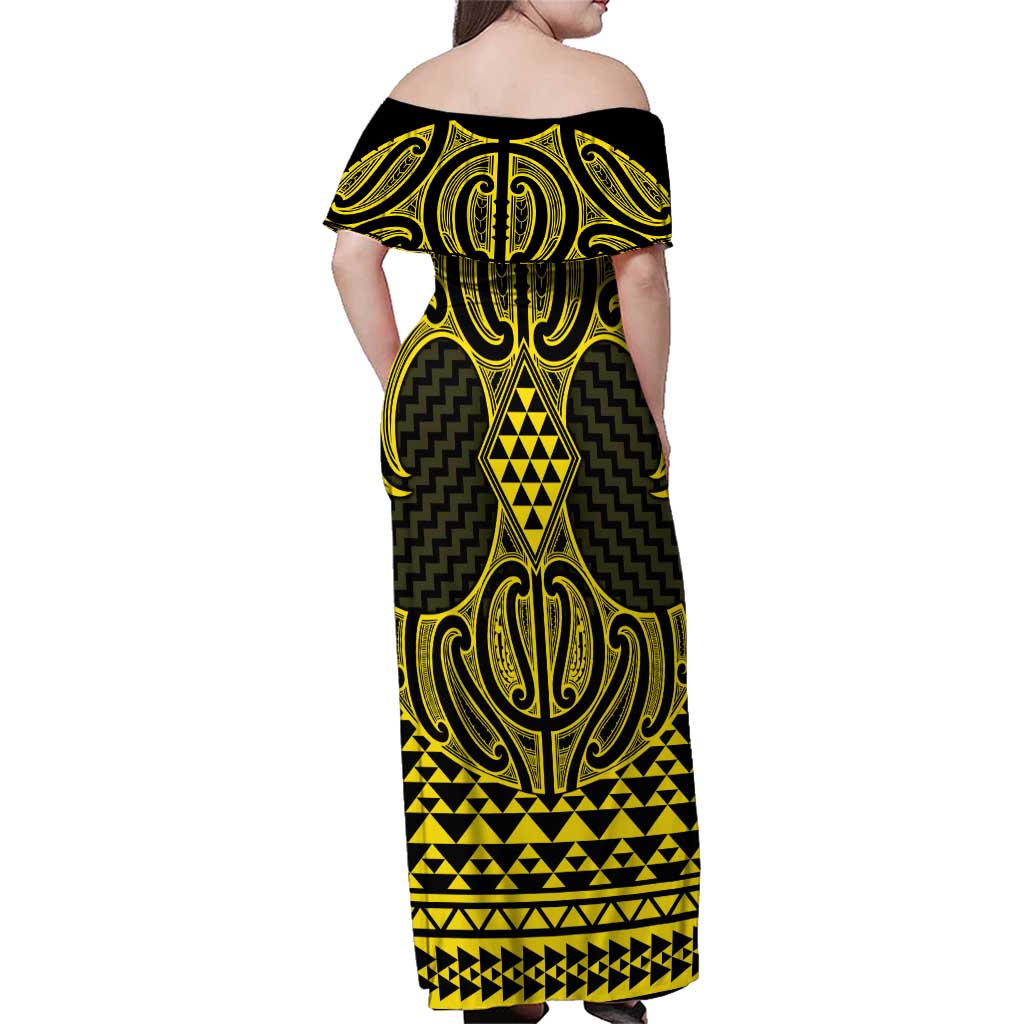 Mahi-dawg Maori Ta Moko Poutama Art Family Matching Off Shoulder Maxi Dress and Hawaiian Shirt