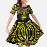 Mahi-dawg Maori Ta Moko Poutama Art Family Matching Puletasi and Hawaiian Shirt LT9 Daughter's Dress Yellow - Polynesian Pride