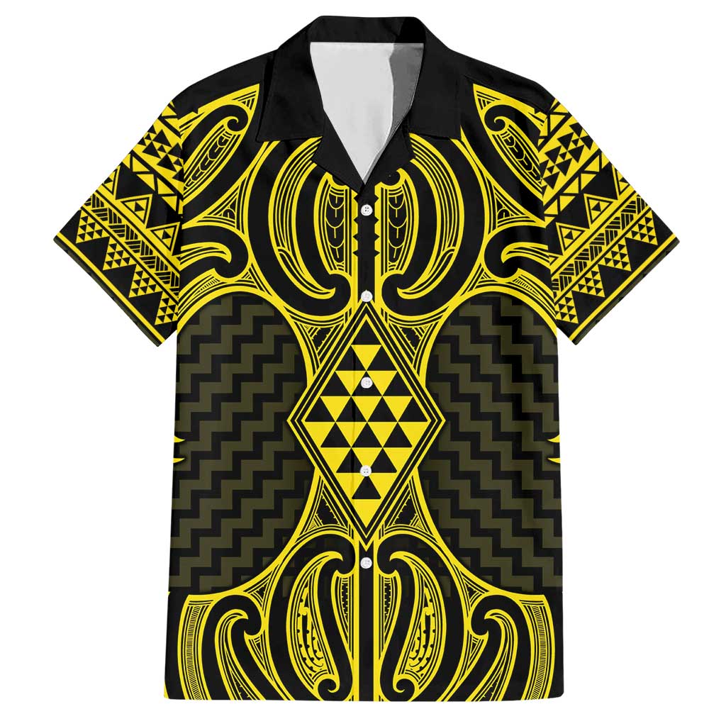 Mahi-dawg Maori Ta Moko Poutama Art Family Matching Short Sleeve Bodycon Dress and Hawaiian Shirt LT9 Dad's Shirt - Short Sleeve Yellow - Polynesian Pride