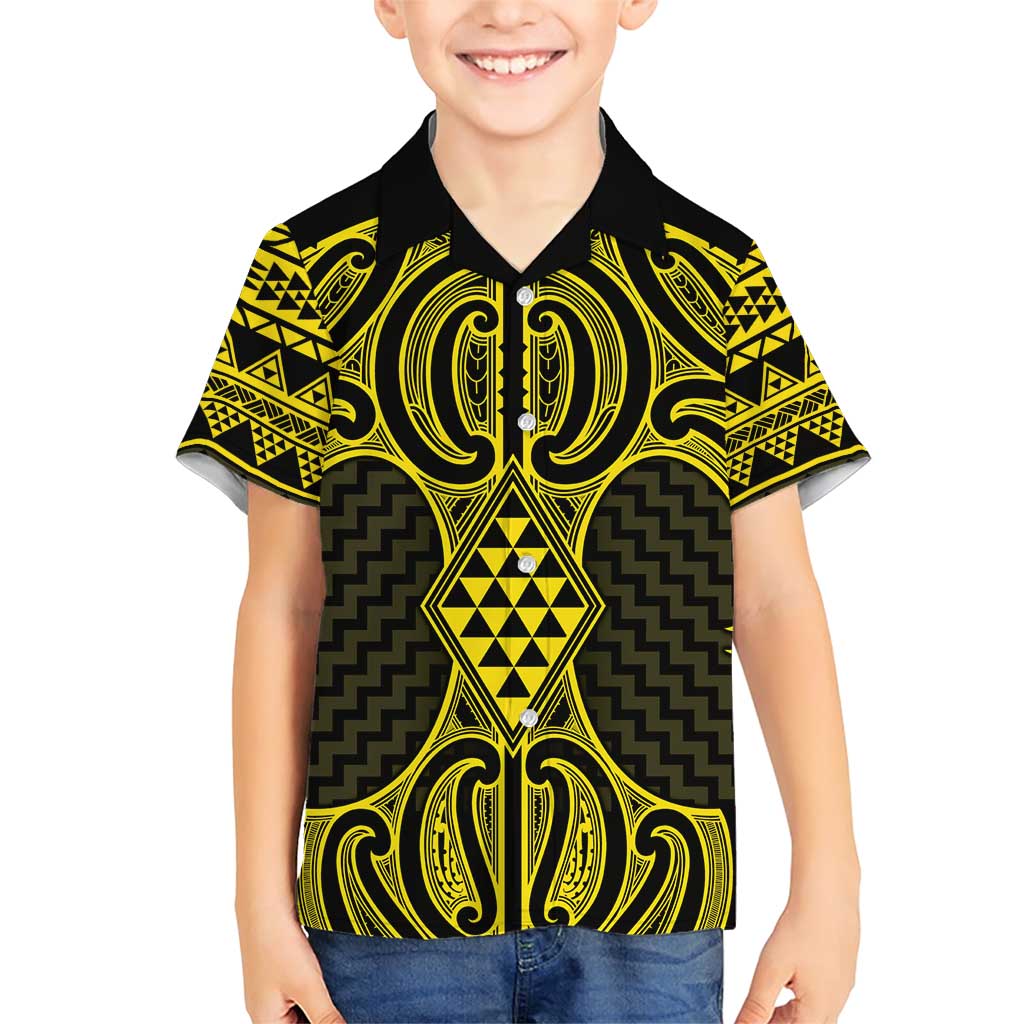 Mahi-dawg Maori Ta Moko Poutama Art Family Matching Short Sleeve Bodycon Dress and Hawaiian Shirt LT9 Son's Shirt Yellow - Polynesian Pride