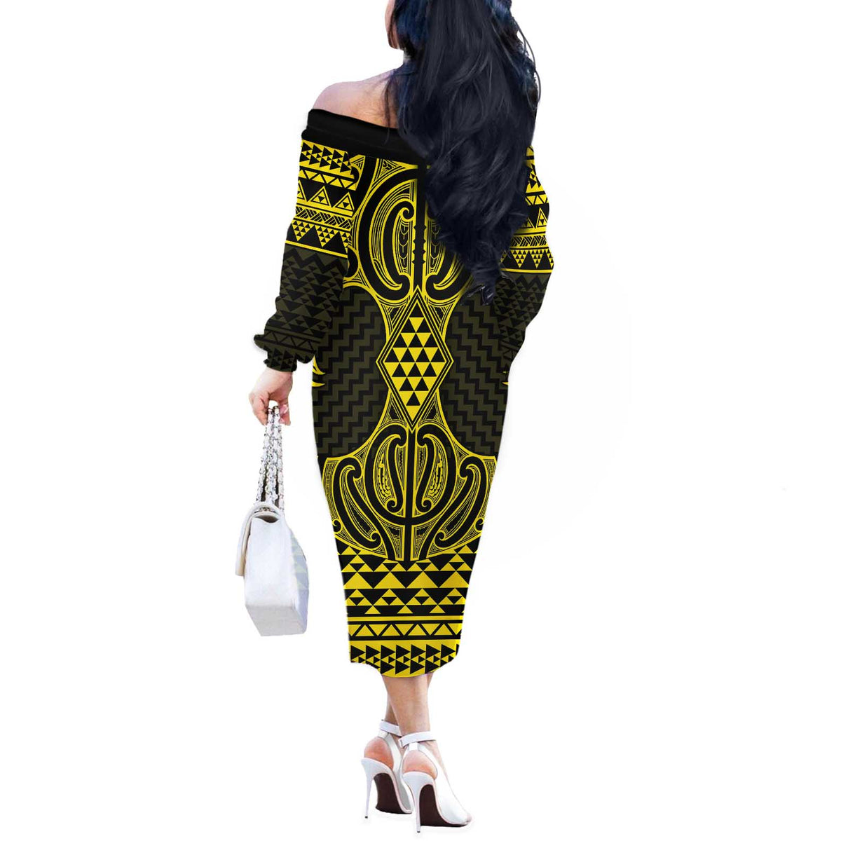 Mahi-dawg Maori Ta Moko Poutama Art Off The Shoulder Long Sleeve Dress