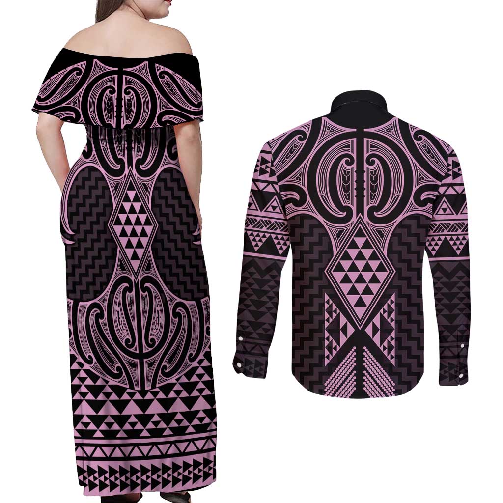 Mawhero Maori Ta Moko Poutama Art Couples Matching Off Shoulder Maxi Dress and Long Sleeve Button Shirt