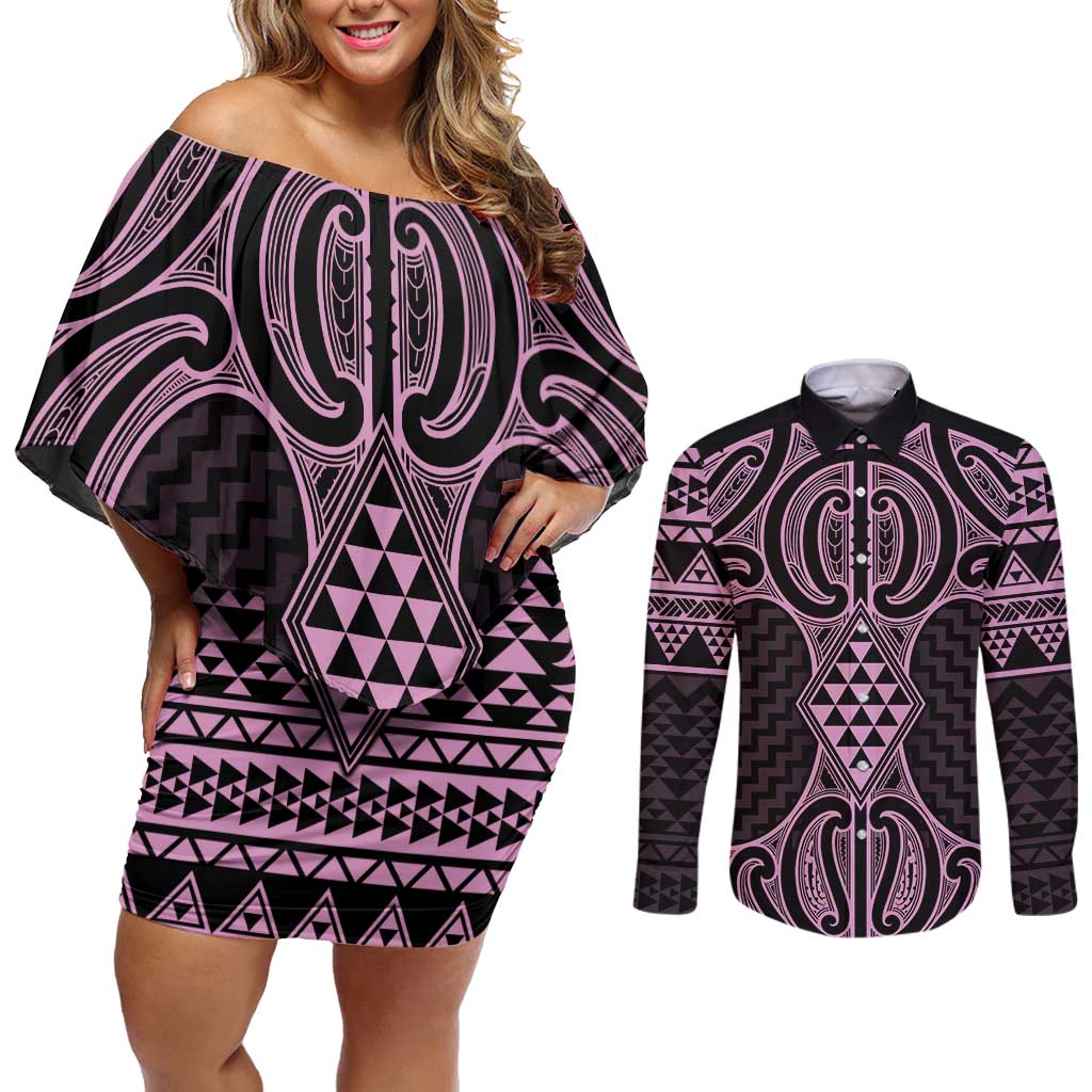 Mawhero Maori Ta Moko Poutama Art Couples Matching Off Shoulder Short Dress and Long Sleeve Button Shirt LT9 Pink - Polynesian Pride