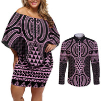 Mawhero Maori Ta Moko Poutama Art Couples Matching Off Shoulder Short Dress and Long Sleeve Button Shirt LT9 Pink - Polynesian Pride