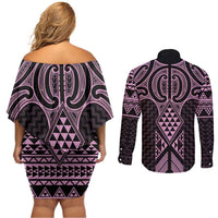 Mawhero Maori Ta Moko Poutama Art Couples Matching Off Shoulder Short Dress and Long Sleeve Button Shirt LT9 - Polynesian Pride