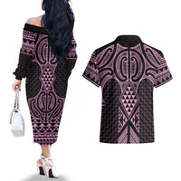 Mawhero Maori Ta Moko Poutama Art Couples Matching Off The Shoulder Long Sleeve Dress and Hawaiian Shirt LT9 - Polynesian Pride