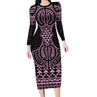 Mawhero Maori Ta Moko Poutama Art Family Matching Long Sleeve Bodycon Dress and Hawaiian Shirt LT9 Mom's Dress Pink - Polynesian Pride