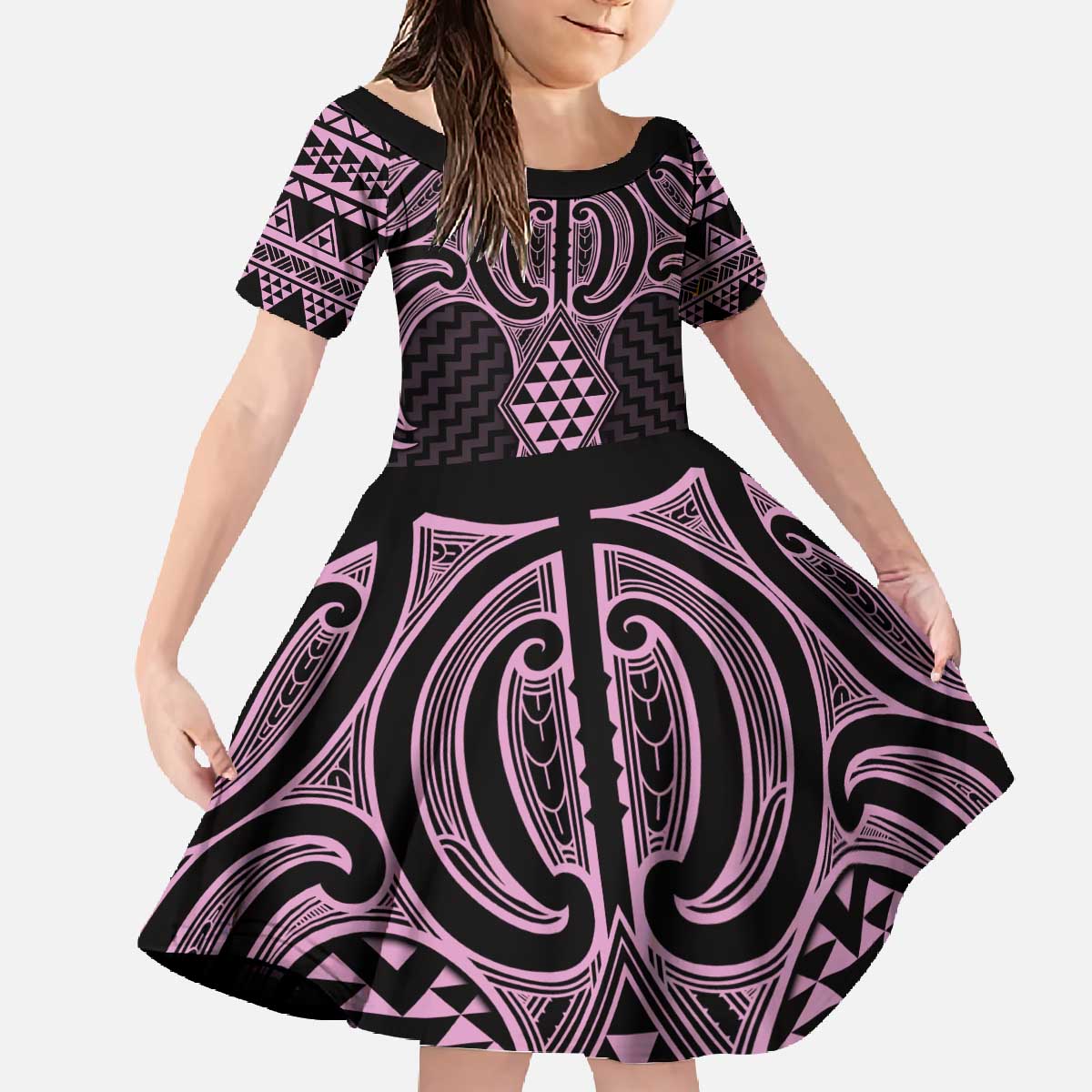 Mawhero Maori Ta Moko Poutama Art Family Matching Off The Shoulder Long Sleeve Dress and Hawaiian Shirt LT9 Daughter's Dress Pink - Polynesian Pride
