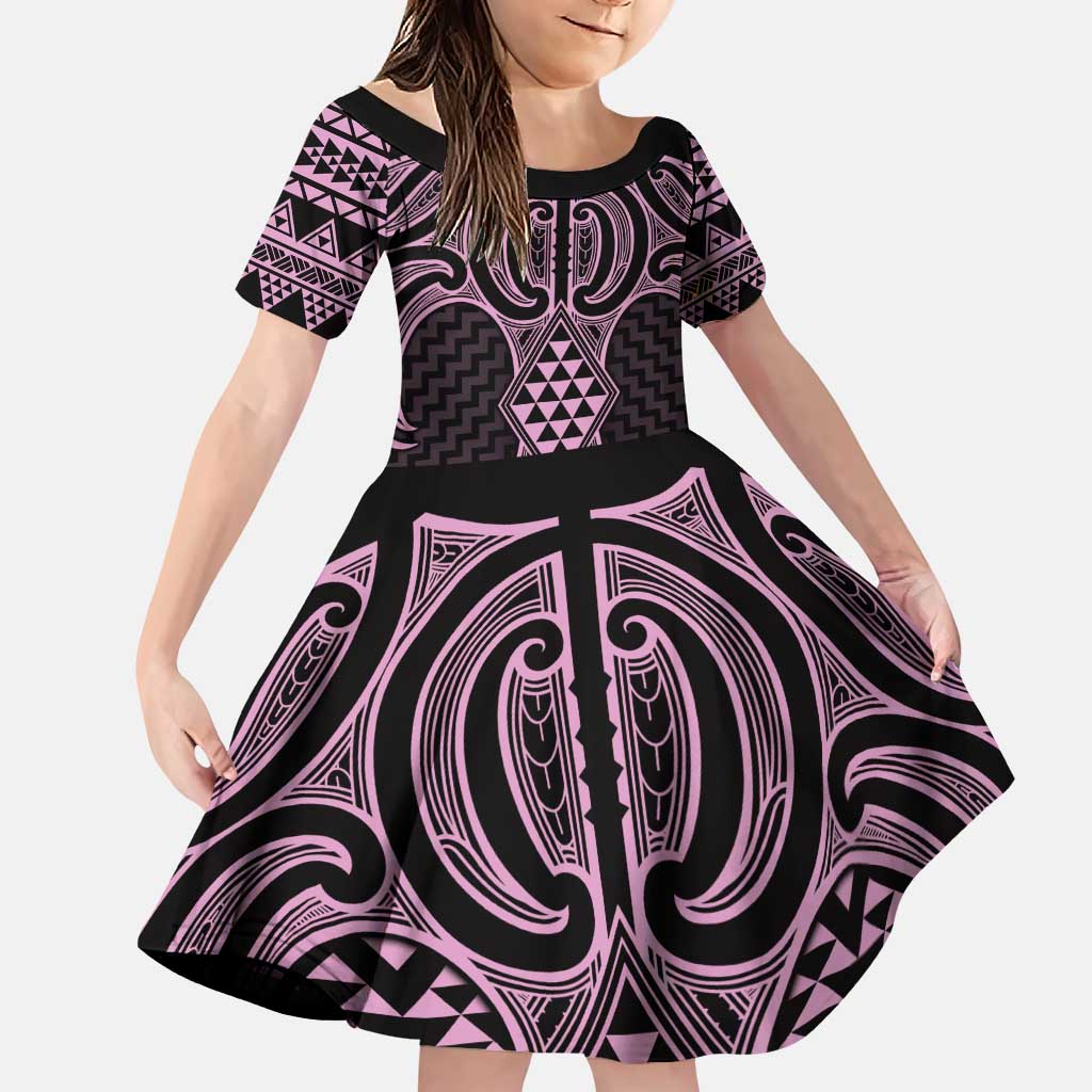 Mawhero Maori Ta Moko Poutama Art Family Matching Puletasi and Hawaiian Shirt LT9 Daughter's Dress Pink - Polynesian Pride