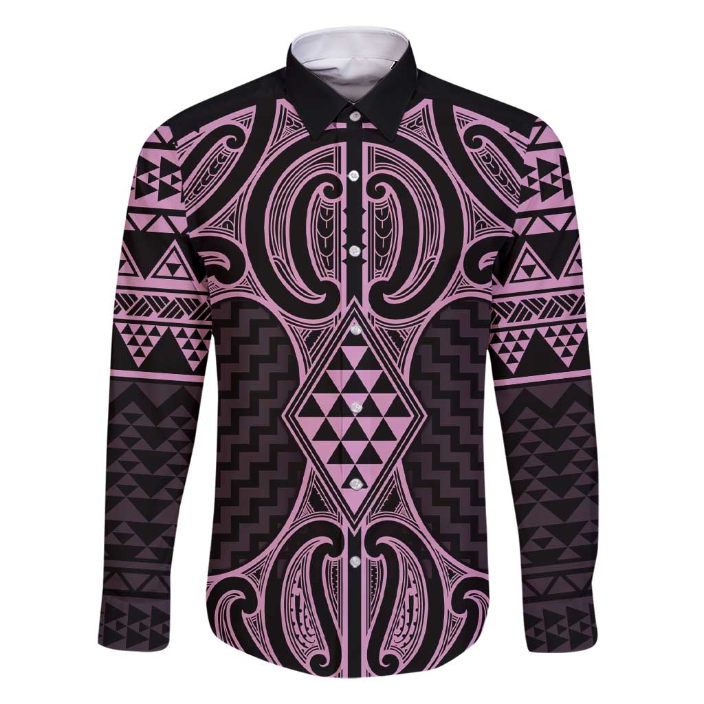 Mawhero Maori Ta Moko Poutama Art Family Matching Short Sleeve Bodycon Dress and Hawaiian Shirt LT9 Dad's Shirt - Long Sleeve Pink - Polynesian Pride
