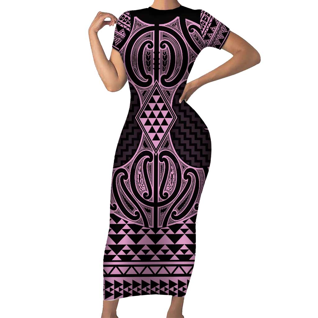 Mawhero Maori Ta Moko Poutama Art Family Matching Short Sleeve Bodycon Dress and Hawaiian Shirt LT9 Mom's Dress Pink - Polynesian Pride