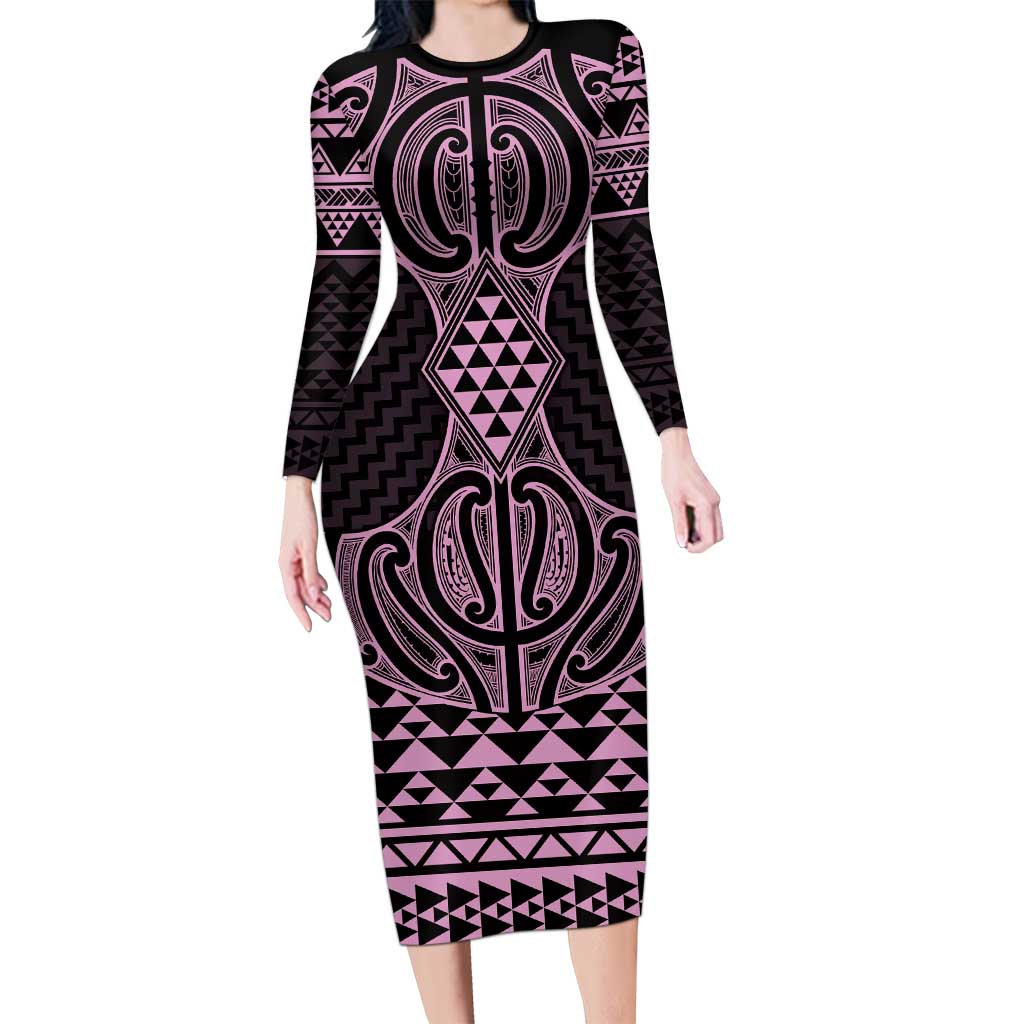 Mawhero Maori Ta Moko Poutama Art Long Sleeve Bodycon Dress