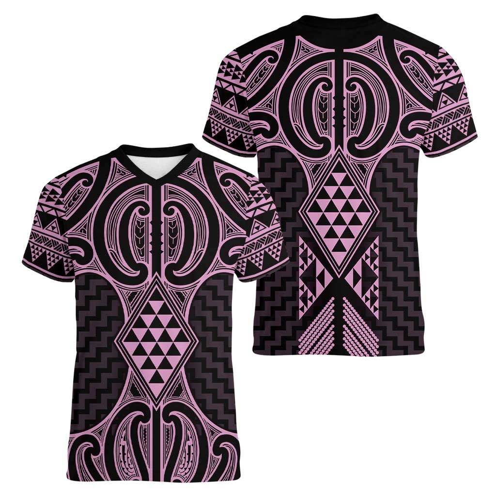 Mawhero Maori Ta Moko Poutama Art Women V-Neck T-Shirt
