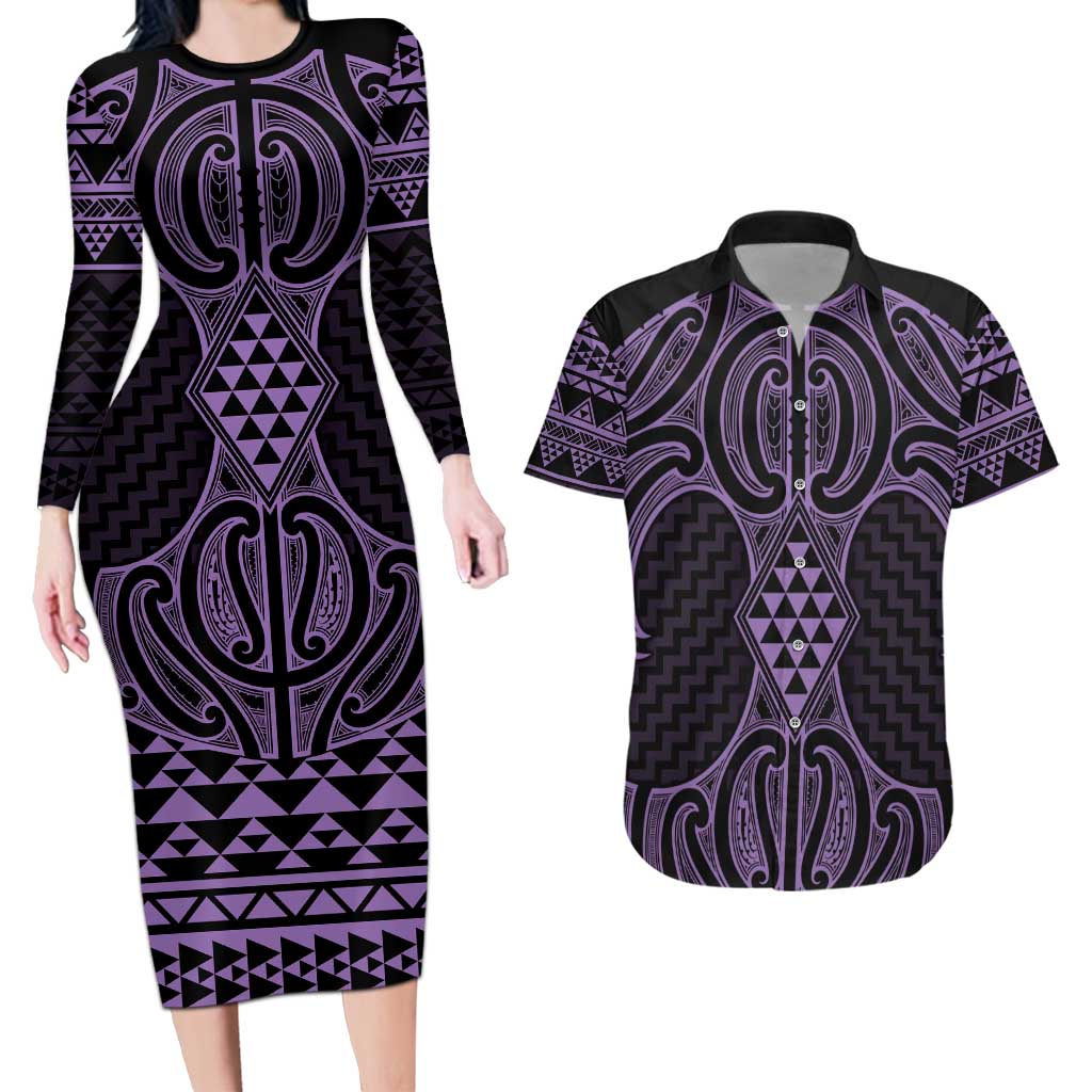 Waiporoporo Maori Ta Moko Poutama Art Couples Matching Long Sleeve Bodycon Dress and Hawaiian Shirt LT9 Purple - Polynesian Pride