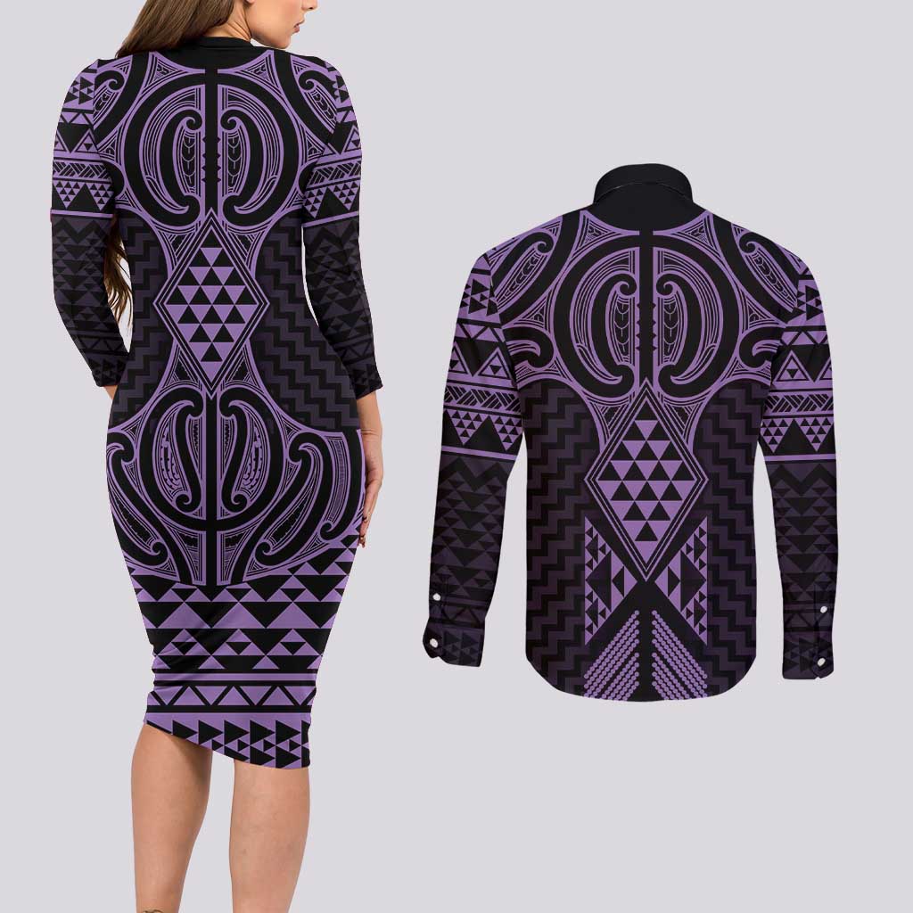 Waiporoporo Maori Ta Moko Poutama Art Couples Matching Long Sleeve Bodycon Dress and Long Sleeve Button Shirt LT9 - Polynesian Pride