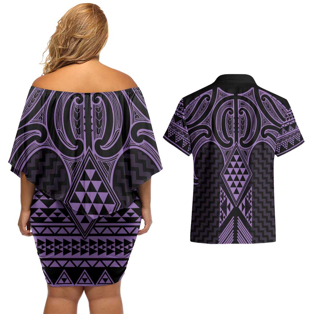 Waiporoporo Maori Ta Moko Poutama Art Couples Matching Off Shoulder Short Dress and Hawaiian Shirt LT9 - Polynesian Pride