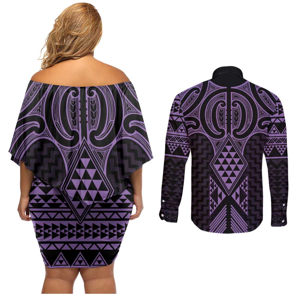 Waiporoporo Maori Ta Moko Poutama Art Couples Matching Off Shoulder Short Dress and Long Sleeve Button Shirt