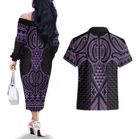 Waiporoporo Maori Ta Moko Poutama Art Couples Matching Off The Shoulder Long Sleeve Dress and Hawaiian Shirt LT9 - Polynesian Pride