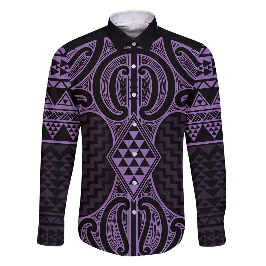 Waiporoporo Maori Ta Moko Poutama Art Family Matching Mermaid Dress and Hawaiian Shirt LT9 Dad's Shirt - Long Sleeve Purple - Polynesian Pride
