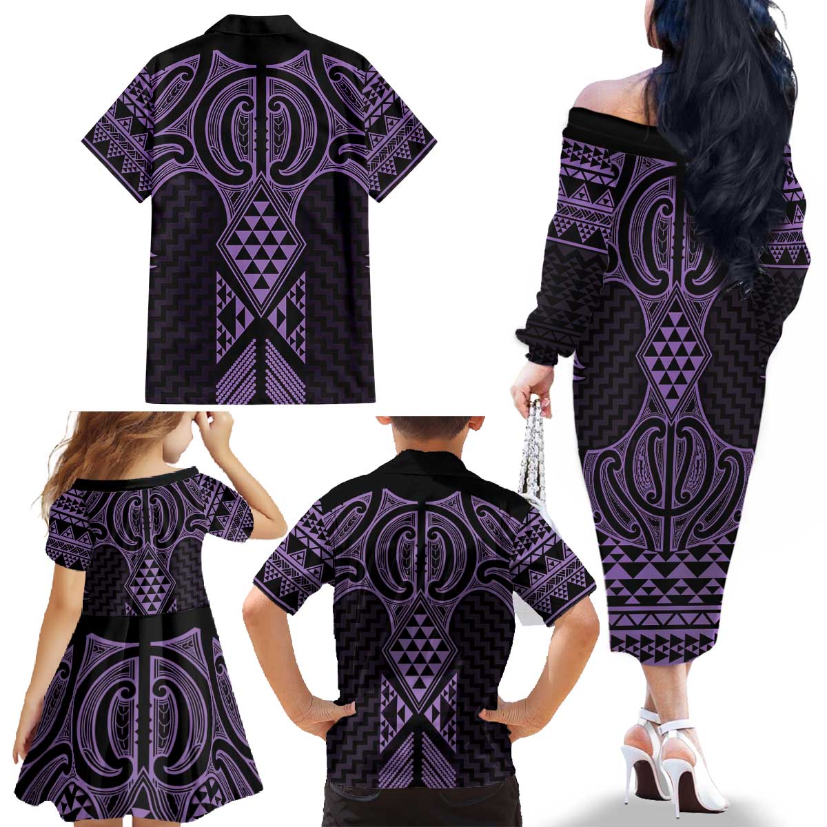 Waiporoporo Maori Ta Moko Poutama Art Family Matching Off The Shoulder Long Sleeve Dress and Hawaiian Shirt LT9 - Polynesian Pride