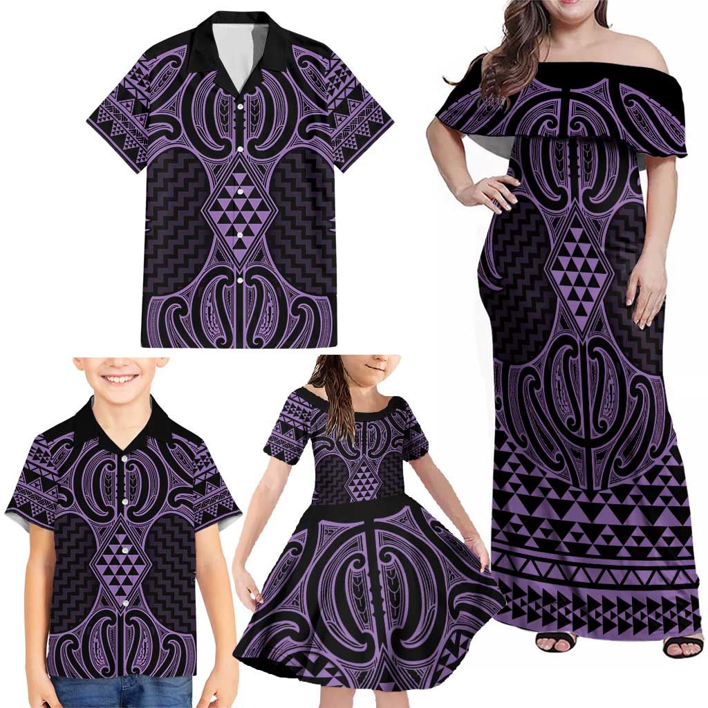 Waiporoporo Maori Ta Moko Poutama Art Family Matching Off Shoulder Maxi Dress and Hawaiian Shirt