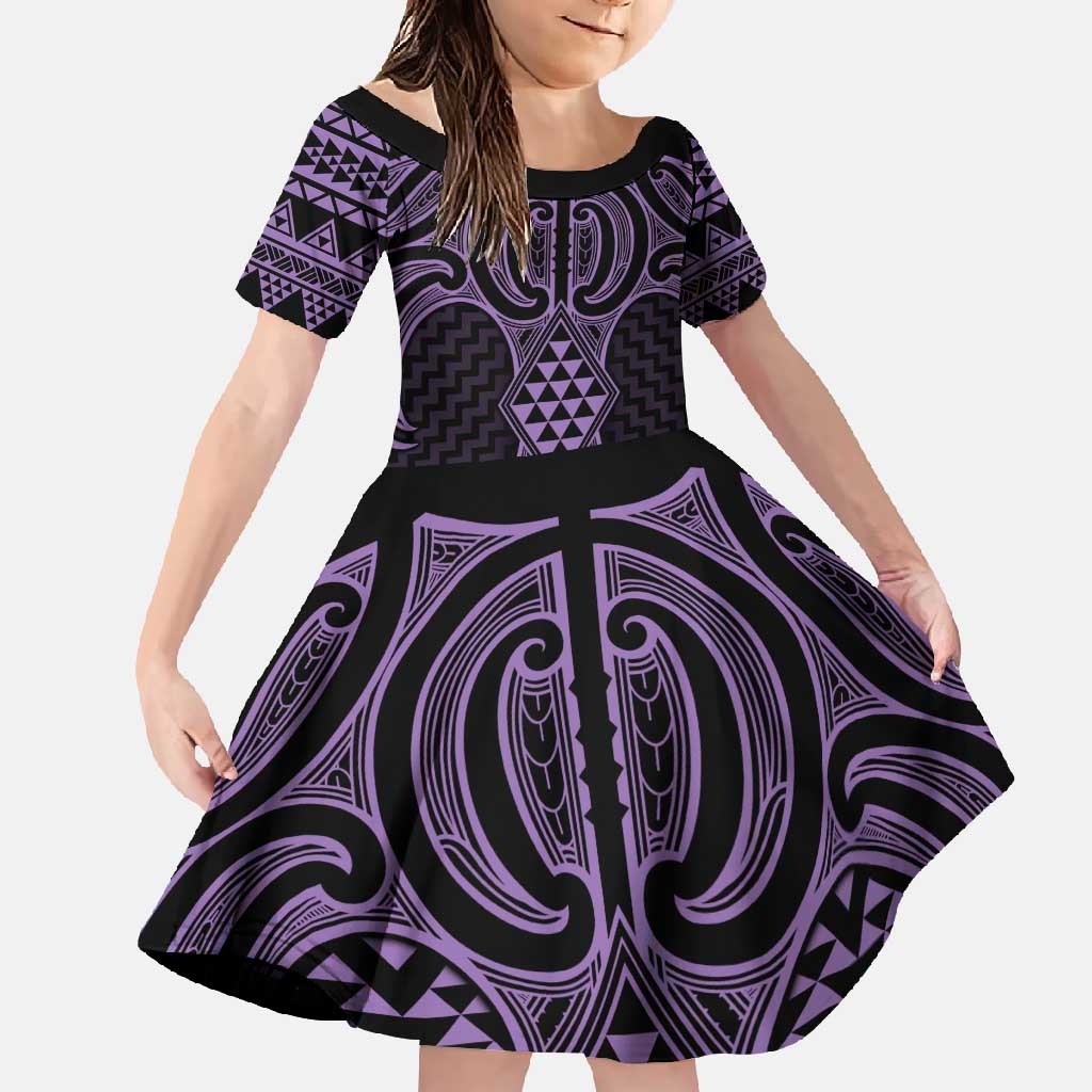 Waiporoporo Maori Ta Moko Poutama Art Family Matching Short Sleeve Bodycon Dress and Hawaiian Shirt LT9 Daughter's Dress Purple - Polynesian Pride
