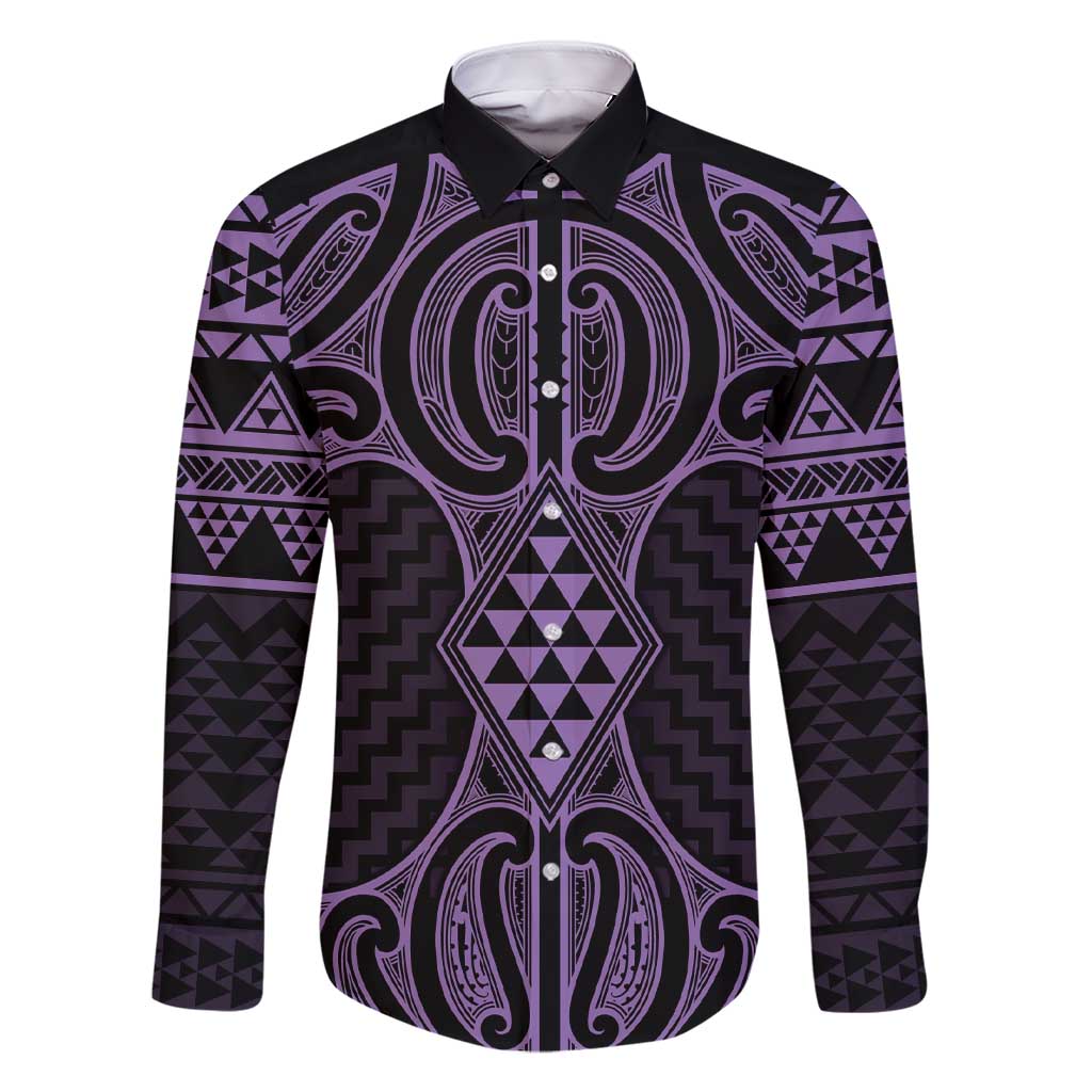 Waiporoporo Maori Ta Moko Poutama Art Family Matching Short Sleeve Bodycon Dress and Hawaiian Shirt LT9 Dad's Shirt - Long Sleeve Purple - Polynesian Pride