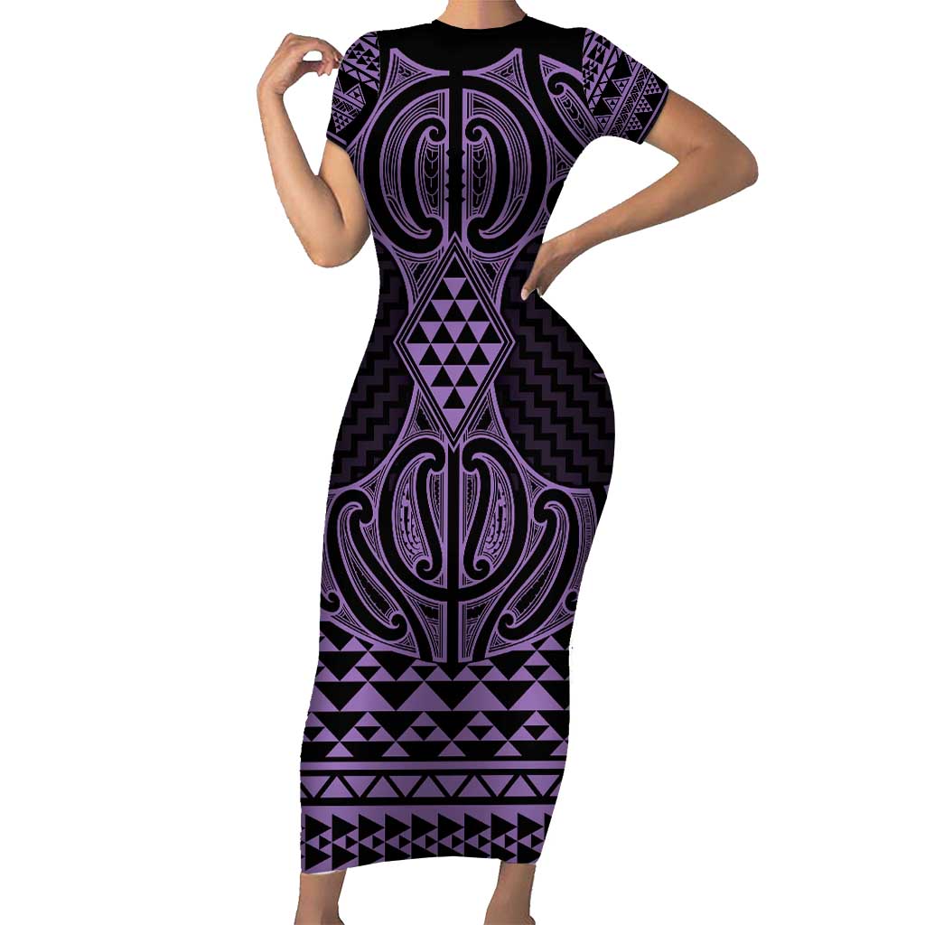 Waiporoporo Maori Ta Moko Poutama Art Short Sleeve Bodycon Dress