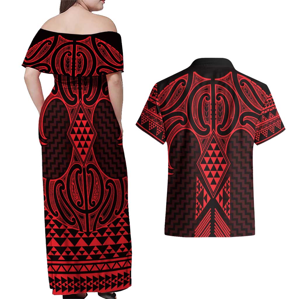 Whero Maori Ta Moko Poutama Art Couples Matching Off Shoulder Maxi Dress and Hawaiian Shirt