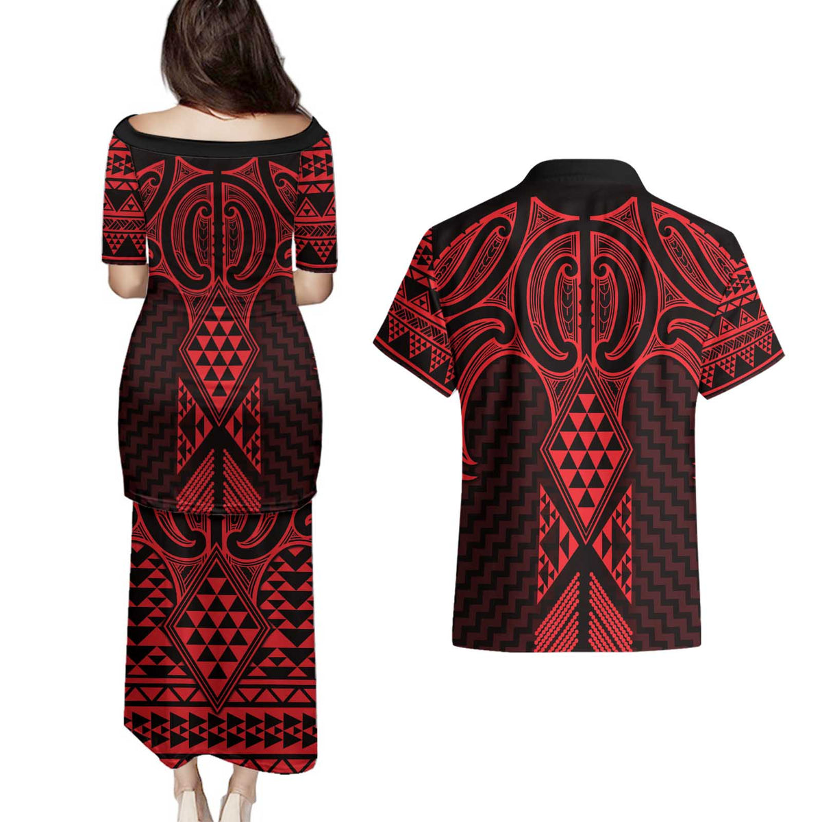 Whero Maori Ta Moko Poutama Art Couples Matching Puletasi and Hawaiian Shirt