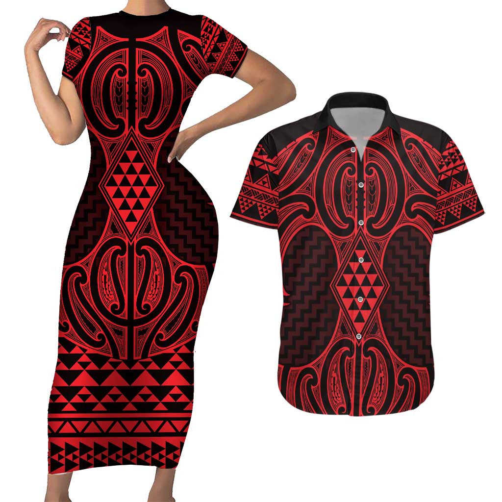 Whero Maori Ta Moko Poutama Art Couples Matching Short Sleeve Bodycon Dress and Hawaiian Shirt LT9 Red - Polynesian Pride