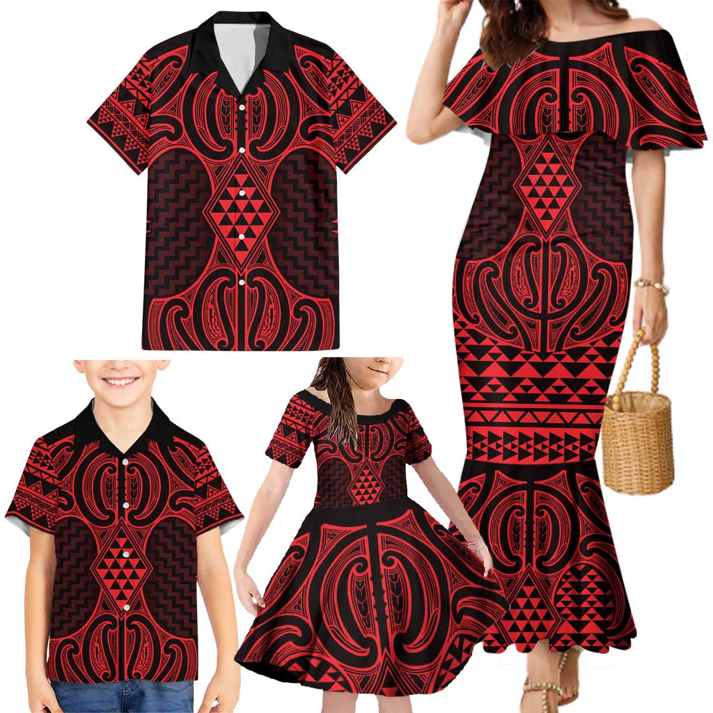 Whero Maori Ta Moko Poutama Art Family Matching Mermaid Dress and Hawaiian Shirt LT9 - Polynesian Pride