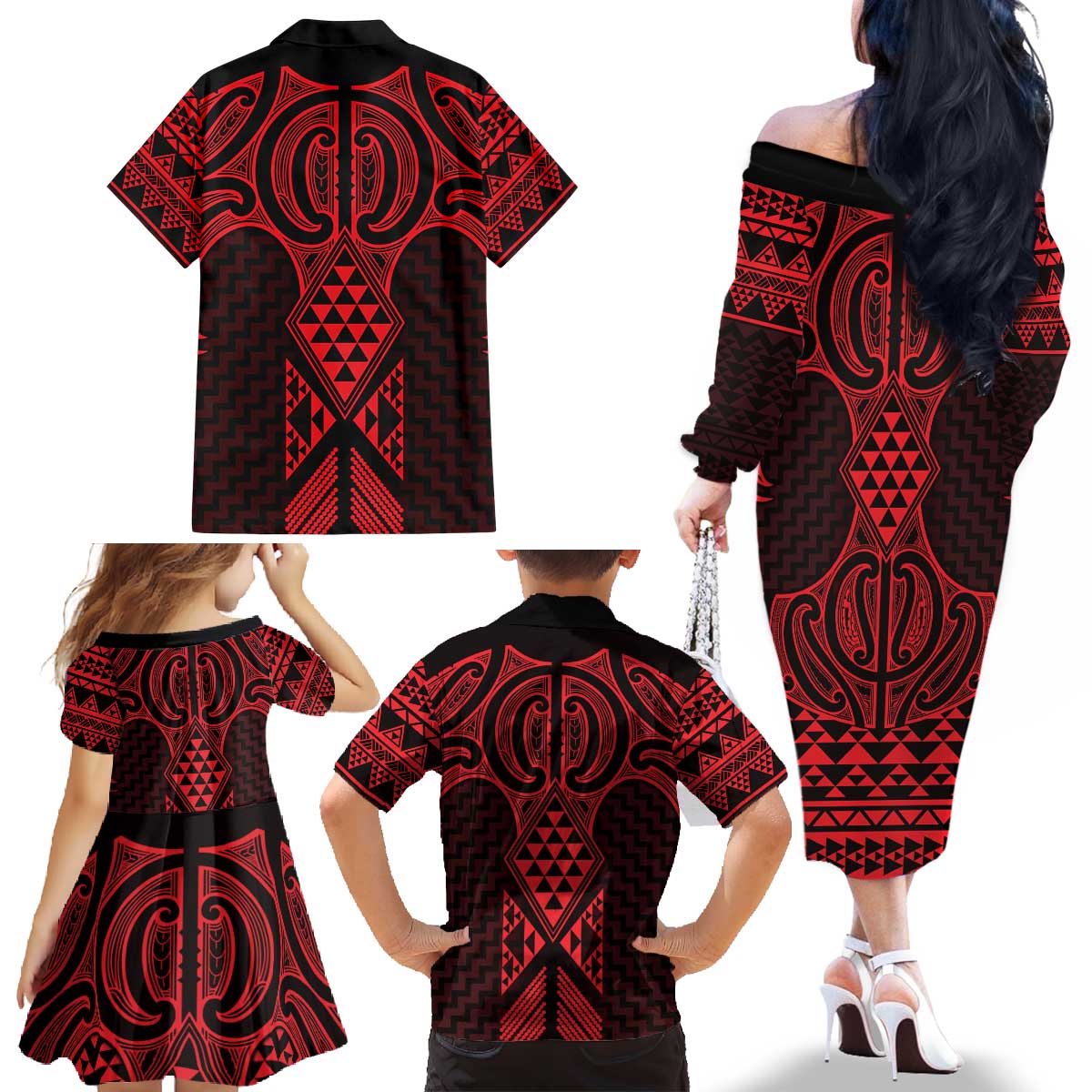 Whero Maori Ta Moko Poutama Art Family Matching Off The Shoulder Long Sleeve Dress and Hawaiian Shirt LT9 - Polynesian Pride