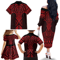 Whero Maori Ta Moko Poutama Art Family Matching Off The Shoulder Long Sleeve Dress and Hawaiian Shirt LT9 - Polynesian Pride