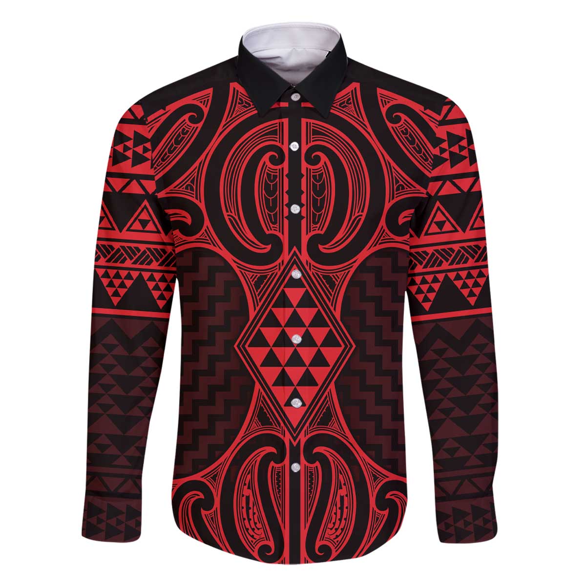 Whero Maori Ta Moko Poutama Art Family Matching Off The Shoulder Long Sleeve Dress and Hawaiian Shirt LT9 Dad's Shirt - Long Sleeve Red - Polynesian Pride