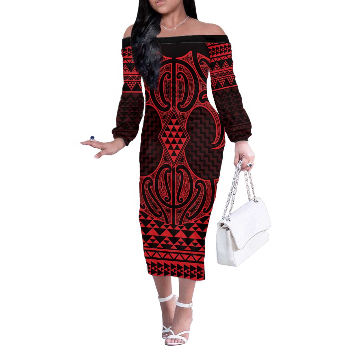 Whero Maori Ta Moko Poutama Art Family Matching Off The Shoulder Long Sleeve Dress and Hawaiian Shirt LT9 Mom's Dress Red - Polynesian Pride