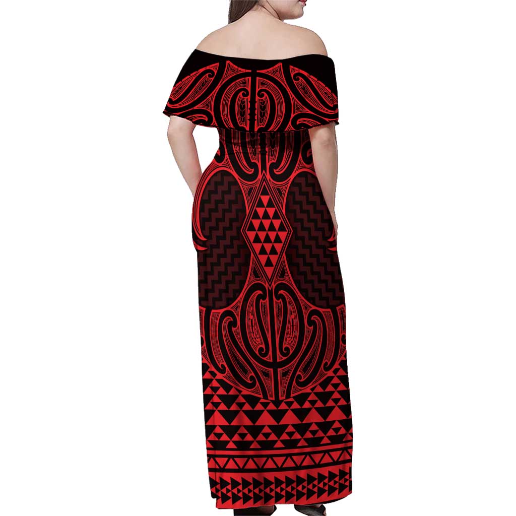 Whero Maori Ta Moko Poutama Art Family Matching Off Shoulder Maxi Dress and Hawaiian Shirt