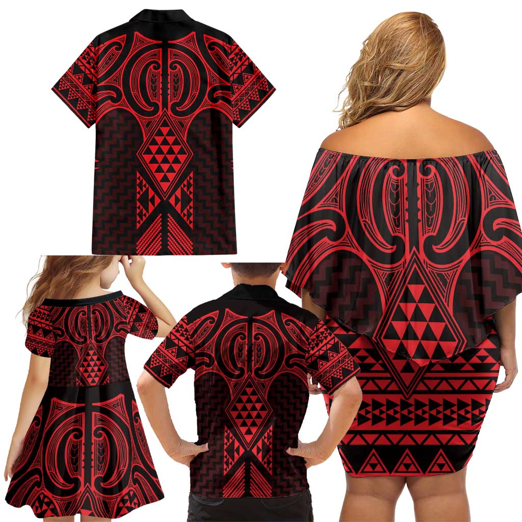 Whero Maori Ta Moko Poutama Art Family Matching Off Shoulder Short Dress and Hawaiian Shirt