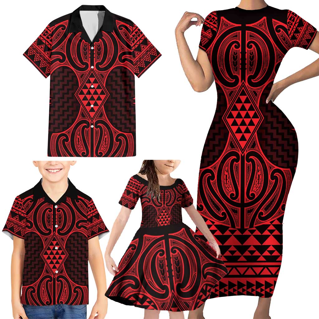 Whero Maori Ta Moko Poutama Art Family Matching Short Sleeve Bodycon Dress and Hawaiian Shirt LT9 - Polynesian Pride
