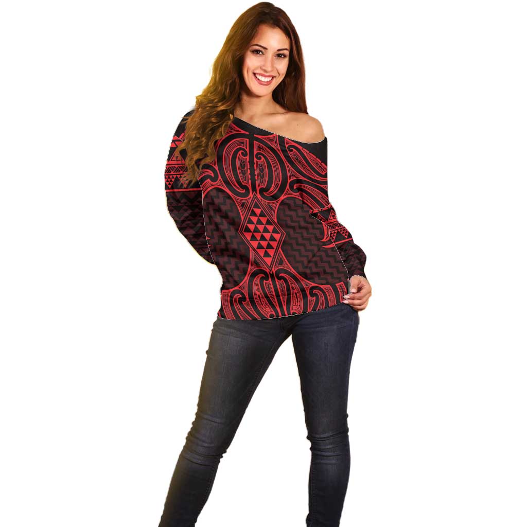Whero Maori Ta Moko Poutama Art Off Shoulder Sweater