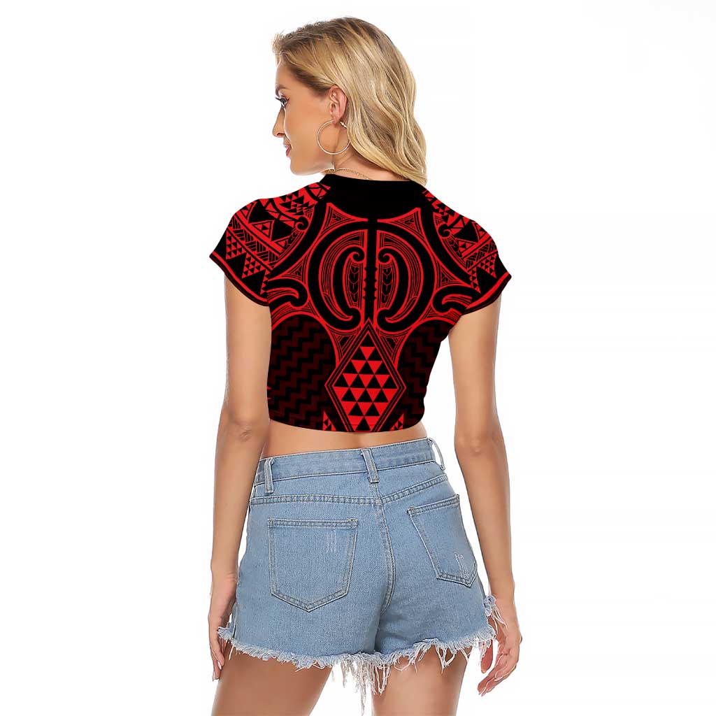 Whero Maori Ta Moko Poutama Art Raglan Cropped T Shirt